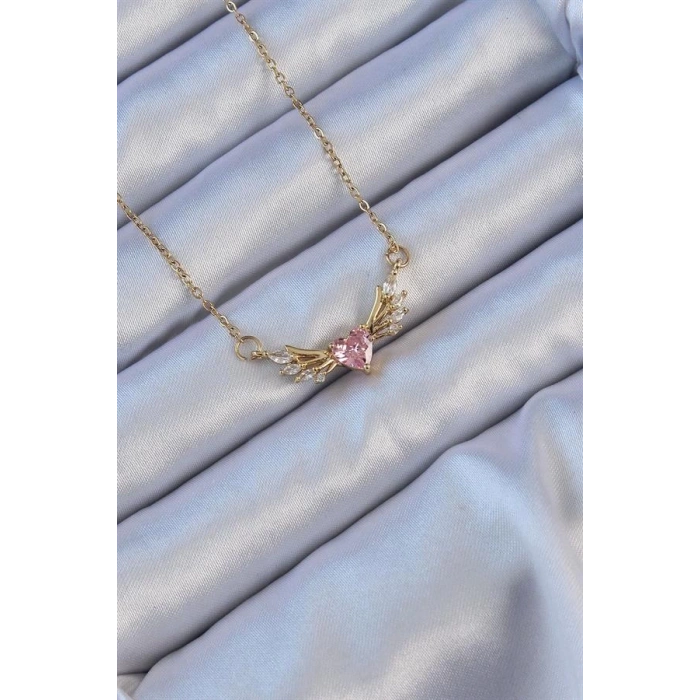 316L Çelik Zincir Altın Renk Kanatlı Pembe Zirkon Taşlı Kalp Kolye