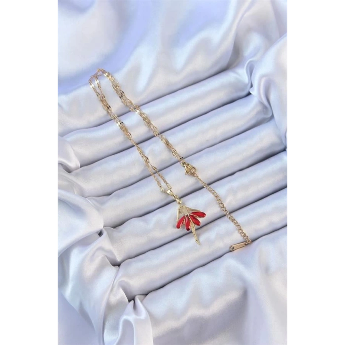 316L Çelik Zincir Altın Renk Kırmızı Etekli Zirkon Taşlı Balerin Kolye