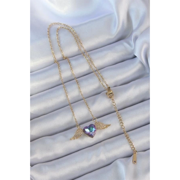 316L Çelik Zincir Altın Renk Mavi Mor Zirkon Taşlı Kanatlı Kalp Kolye