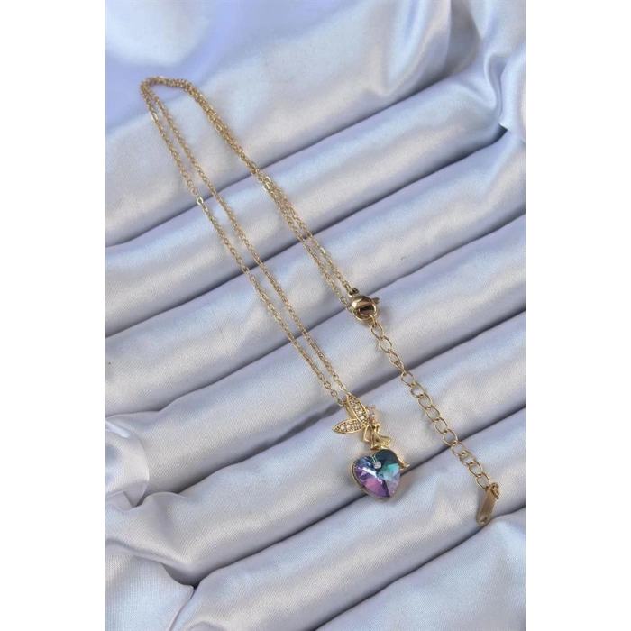 316L Çelik Zincir Altın Renk Mor Mavi Renk Zirkon Taşlı Kalp Detay Peri Kolye