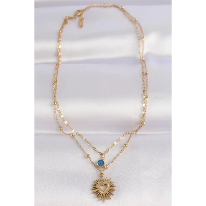 316L Çelik Zincir Altın Renk Nazar Boncuk Detay Kalp Güneşi Kolye