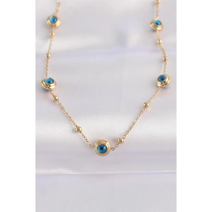 316L Çelik Zincir Altın Renk Nazar Boncuklu Kolye