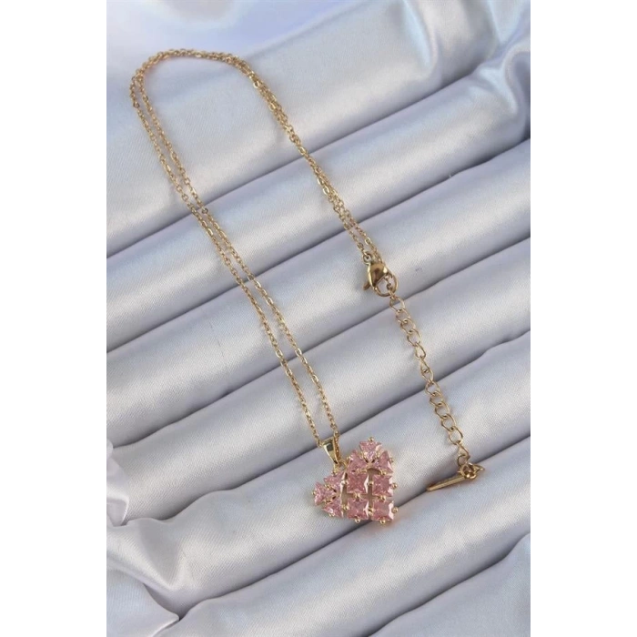 316L Çelik Zincir Altın Renk Pembe Parçalı Zirkon Taşlı Kalp Kolye