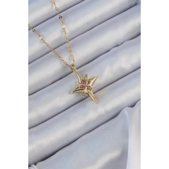 316L Çelik Zincir Altın Renk Pembe Zirkon Taşlı Kutup Yıldızı Kolye
