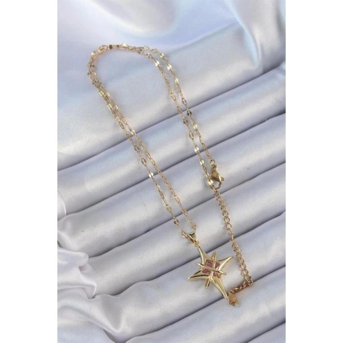 316L Çelik Zincir Altın Renk Pembe Zirkon Taşlı Kutup Yıldızı Kolye