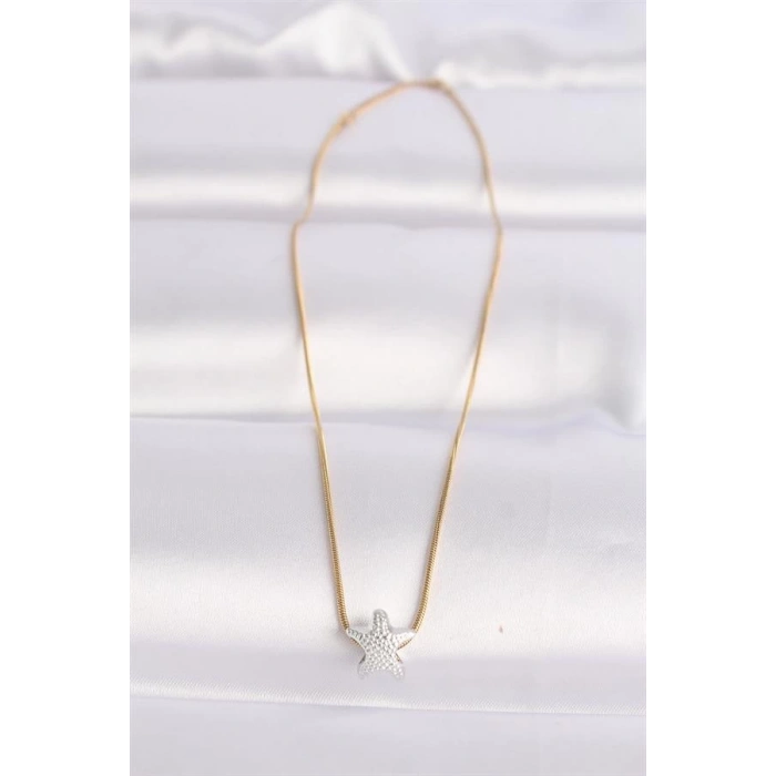 316L Çelik Zincir Altın Renk Zincirli Gümüş Renk Deniz Yıldızı Tasarımlı Kolye