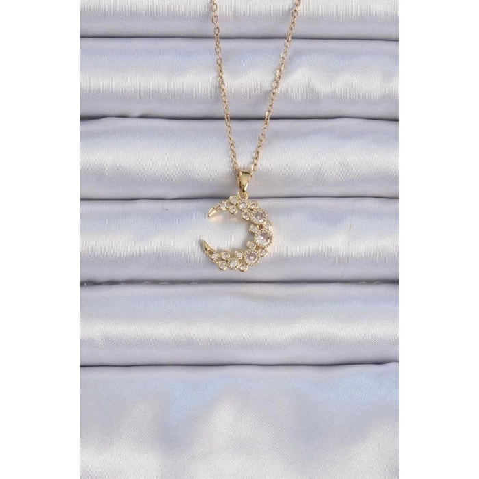 316L Çelik Zincir Altın Renk Zirkon Taşlı Ay Kolye