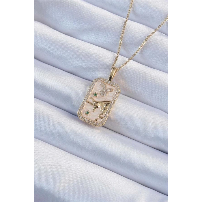 316L Çelik Zincir Altın Renk Zirkon Taşlı Boğa Figürlü Tarot Kolye