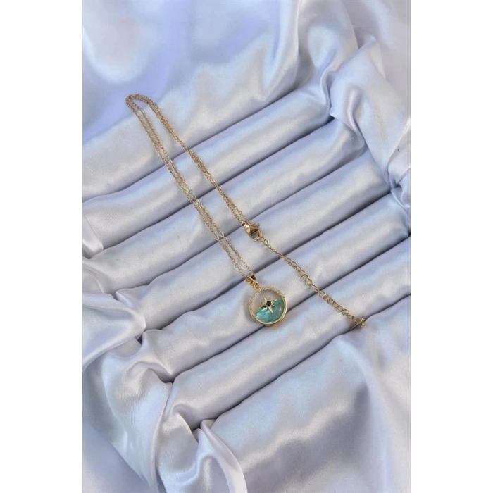 316L Çelik Zincir Altın Renk Zirkon Taşlı Deniz Görünüm Kutup Yıldızı Kolye