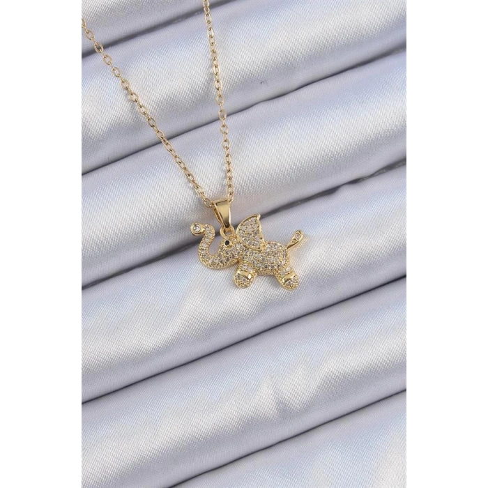 316L Çelik Zincir Altın Renk Zirkon Taşlı Fil Kolye