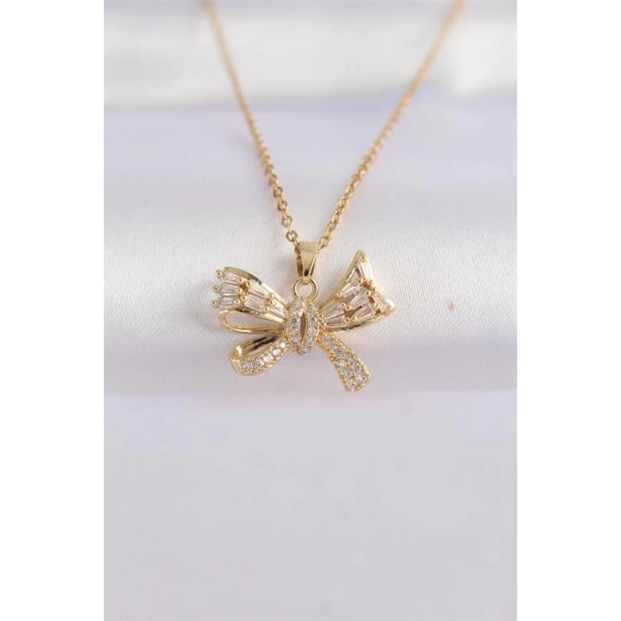 316L Çelik Zincir Altın Renk Zirkon Taşlı Fiyonk Kolye
