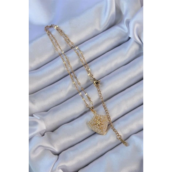 316L Çelik Zincir Altın Renk Zirkon Taşlı Kutup Yıldızı Kolye