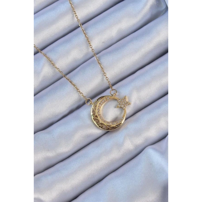 316L Çelik Zincir Altın Renk Zirkon Taşlı Motifli Ay Yıldız Kolye