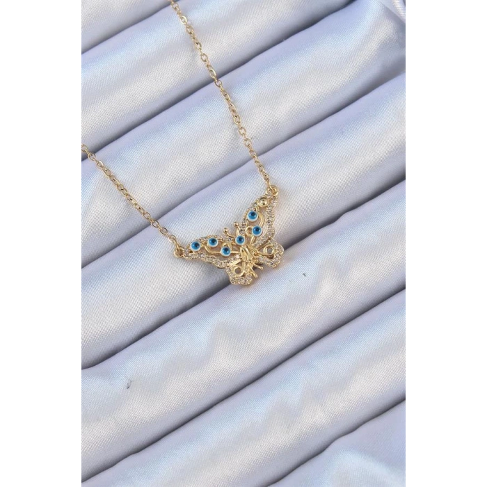 316L Çelik Zincir Altın Renk Zirkon Taşlı Nazarlı Kelebek Kolye