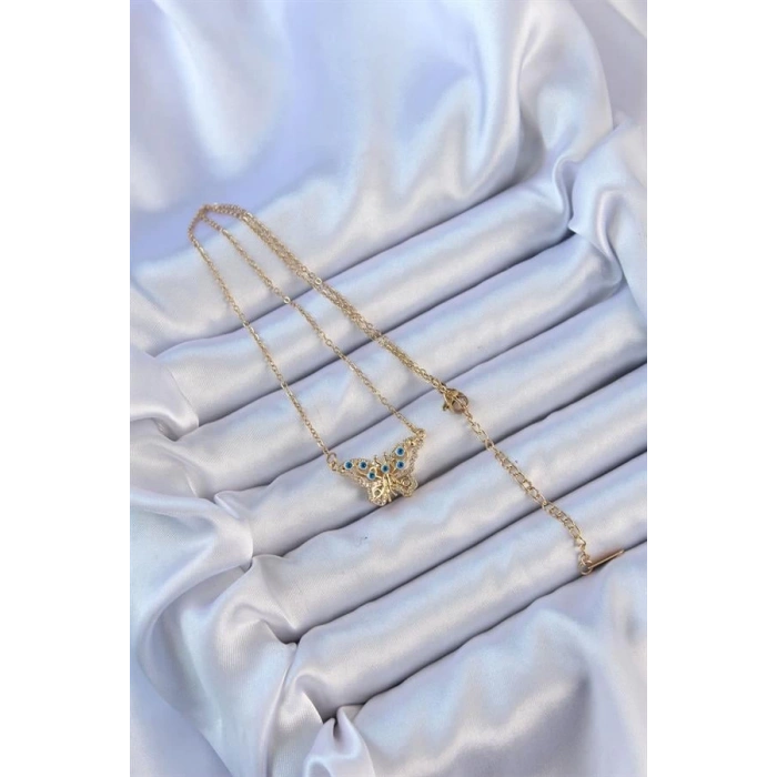316L Çelik Zincir Altın Renk Zirkon Taşlı Nazarlı Kelebek Kolye