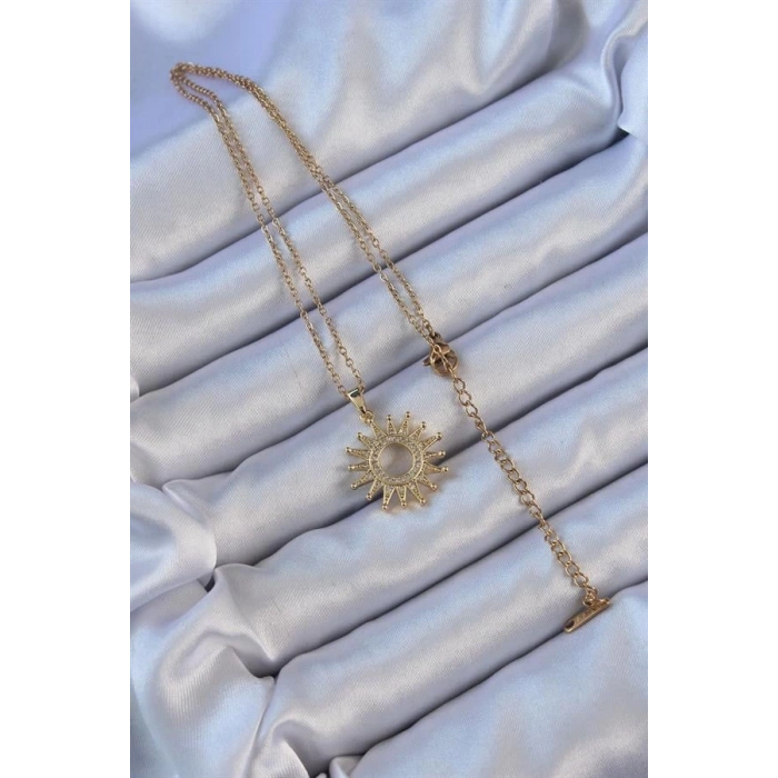 316L Çelik Zincir Altın Renk Zirkon Taşlı Parlayan Güneş Kolye