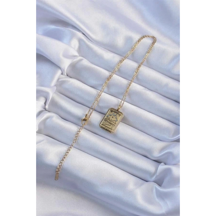 316L Çelik Zincir Eskitme Altın Renk Ay Figürlü Tarot Kolye
