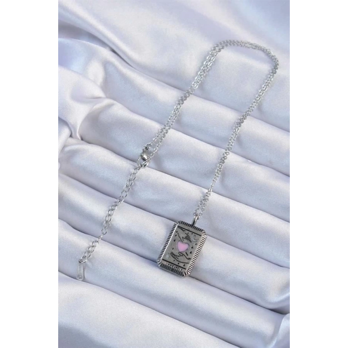 316L Çelik Zincir Eskitme Gümüş Renk Pembe Mineli Kalp Figürlü Tarot Kolye