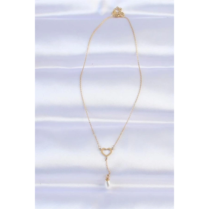 316L Çelik Zincir Gold Renk İnci Taş Detay Kalp Kolye