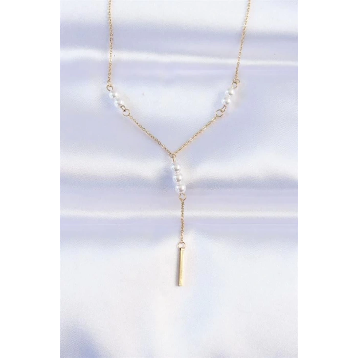 316L Çelik Zincir Gold Renk Minimal İnci Taşlı Sallantılı Kolye