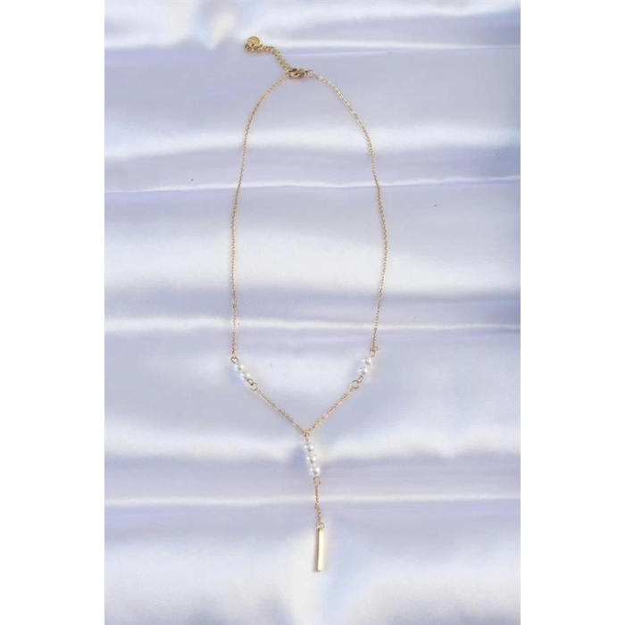 316L Çelik Zincir Gold Renk Minimal İnci Taşlı Sallantılı Kolye