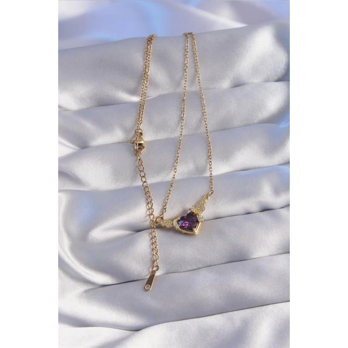 316L Çelik Zincir Gold Renk Mor Zirkon Taşlı Kanatlı Kalp Kolye