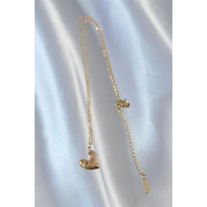 316L Çelik Zincir Gold Renk Renkli Zirkon Taşlı Kalp Kolye