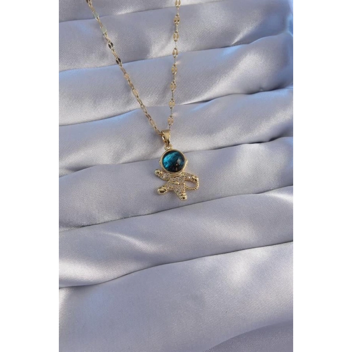 316L Çelik Zincir Gold Renk Zirkon Taşlı Astronot Figürlü Gezegen Kolye