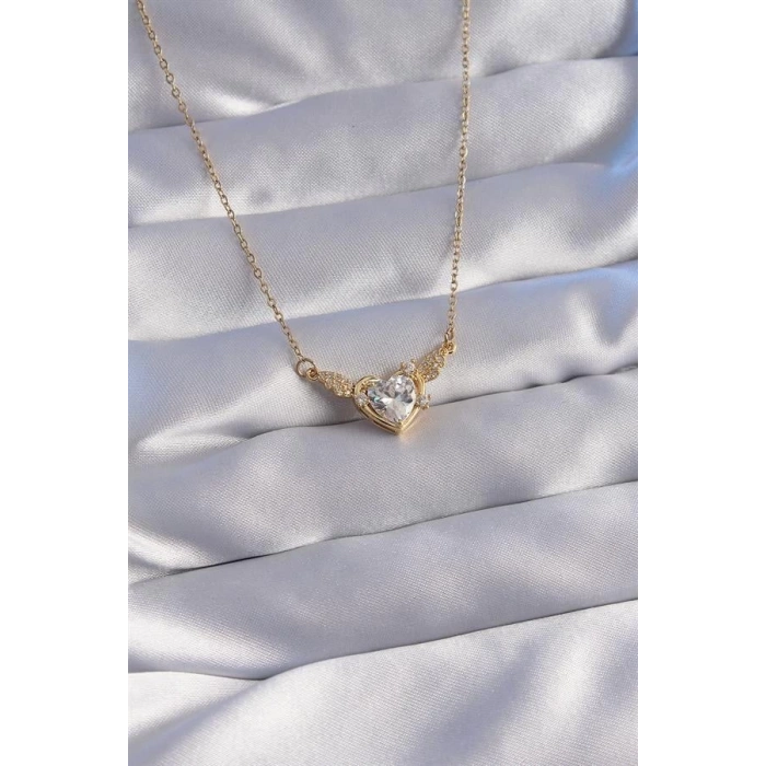 316L Çelik Zincir Gold Renk Zirkon Taşlı Kanatlı Kalp Kolye