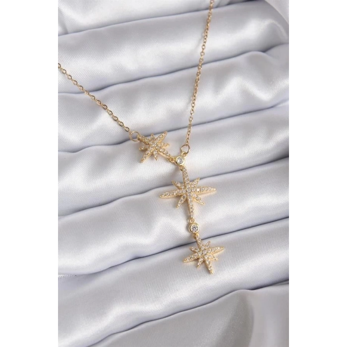 316L Çelik Zincir Gold Renk Zirkon Taşlı Kutup Yıldızı Model Kadın Kolye