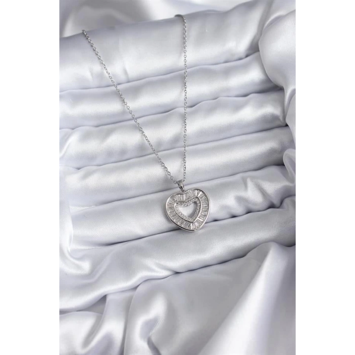 316L Çelik Zincir Gümüş Renk Baget Zirkon Taşlı Kadın Kolye