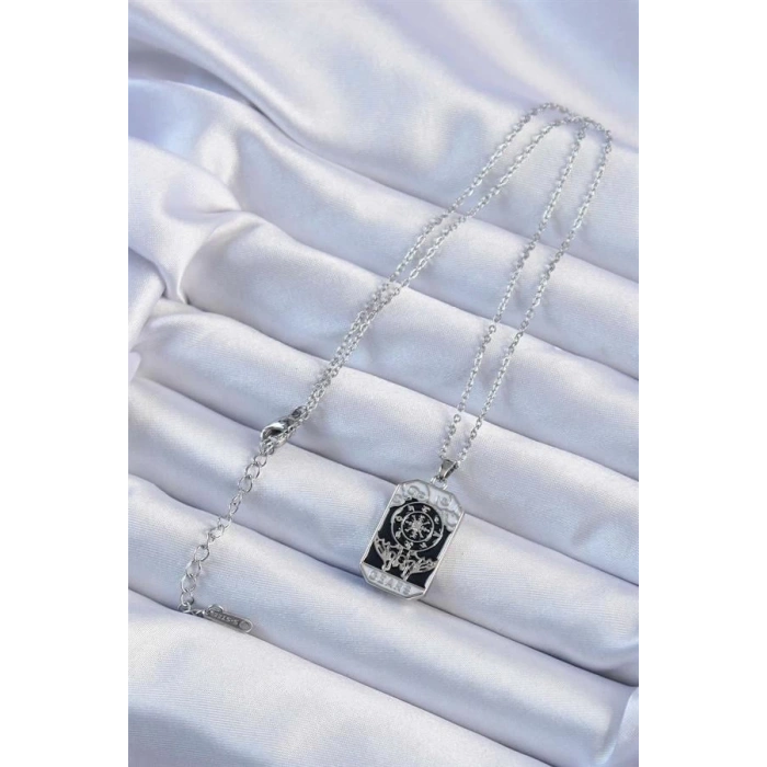 316L Çelik Zincir Gümüş Renk İşlemeli Siyah Mineli Tarot Kolye