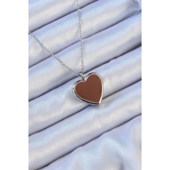 316L Çelik Zincir Gümüş Renk Mineli İçi Açılan Kalp Kolye