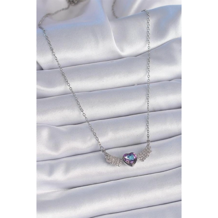 316L Çelik Zincir Gümüş Renk Mor Zirkon Taşlı Kanatlı Kalp Model Kadın Kolye