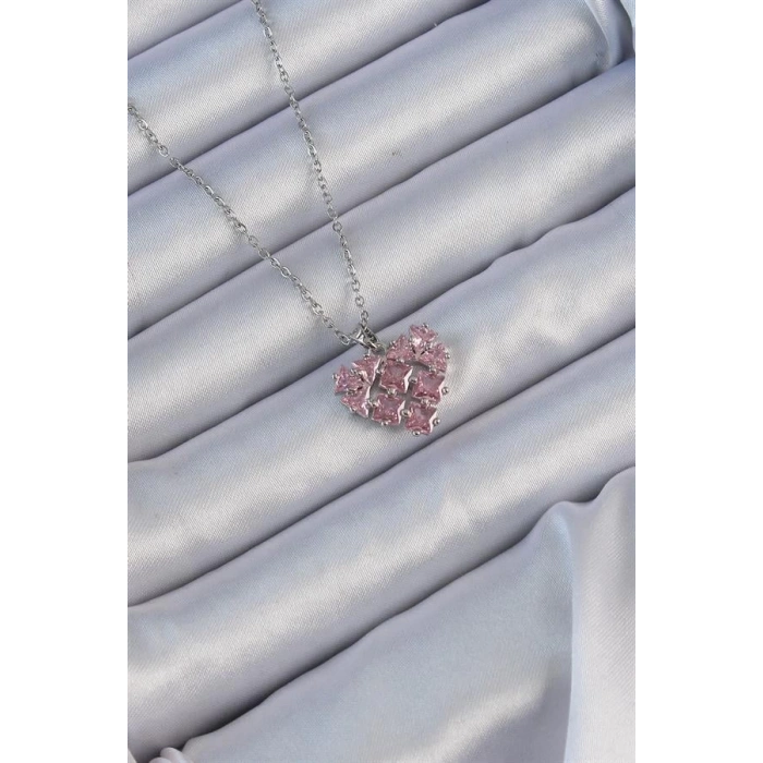 316L Çelik Zincir Gümüş Renk Pembe Parçalı Zirkon Taşlı Kalp Kolye