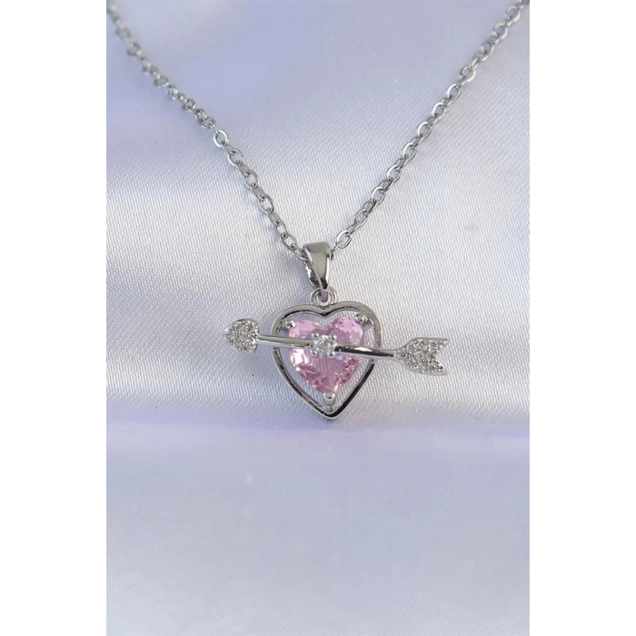 316L Çelik Zincir Gümüş Renk Pembe Zirkon Taşlı Eros Kolye