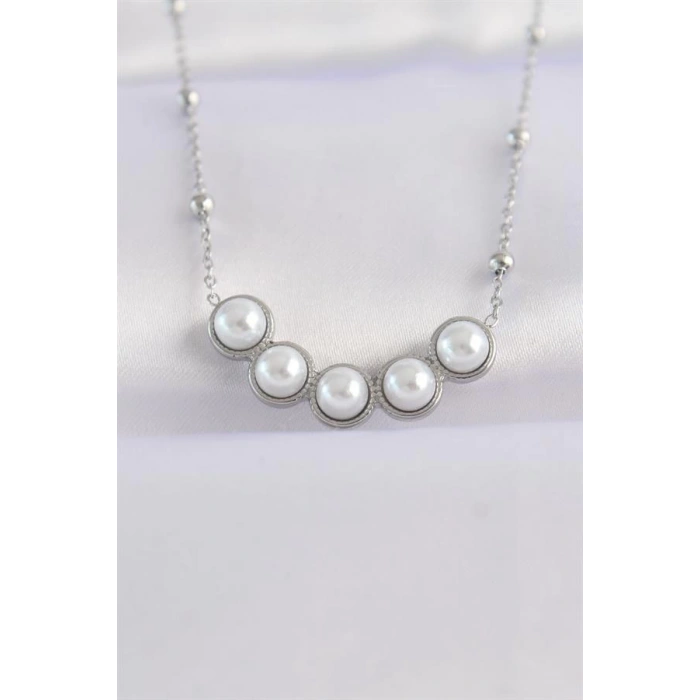 316L Çelik Zincir Gümüş Renk Sıralı İnci Taşlı Kolye