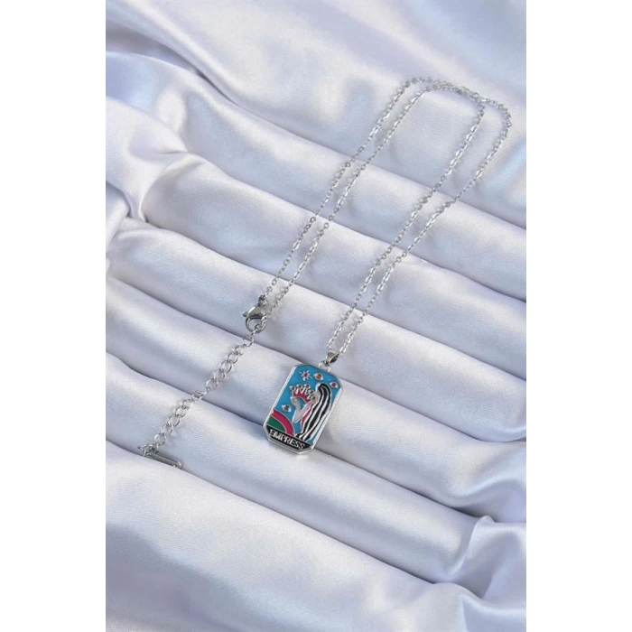 316L Çelik Zincir Gümüş Renk Taç ve Kız Figürlü Renkli Mineli Tarot Kolye