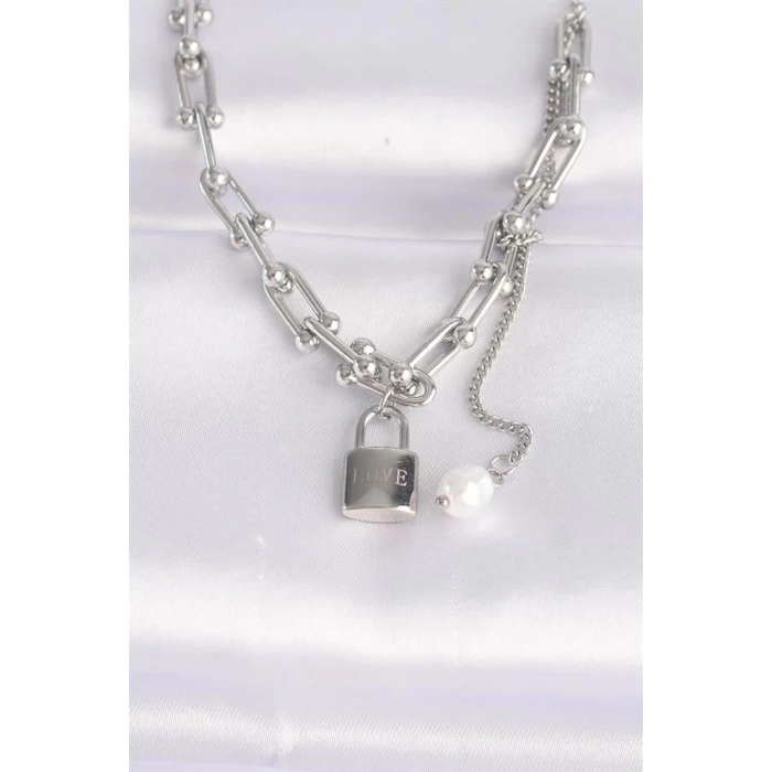 316L Çelik Zincir Gümüş Renk Zincirli Love Yazılı Kilit Kolye