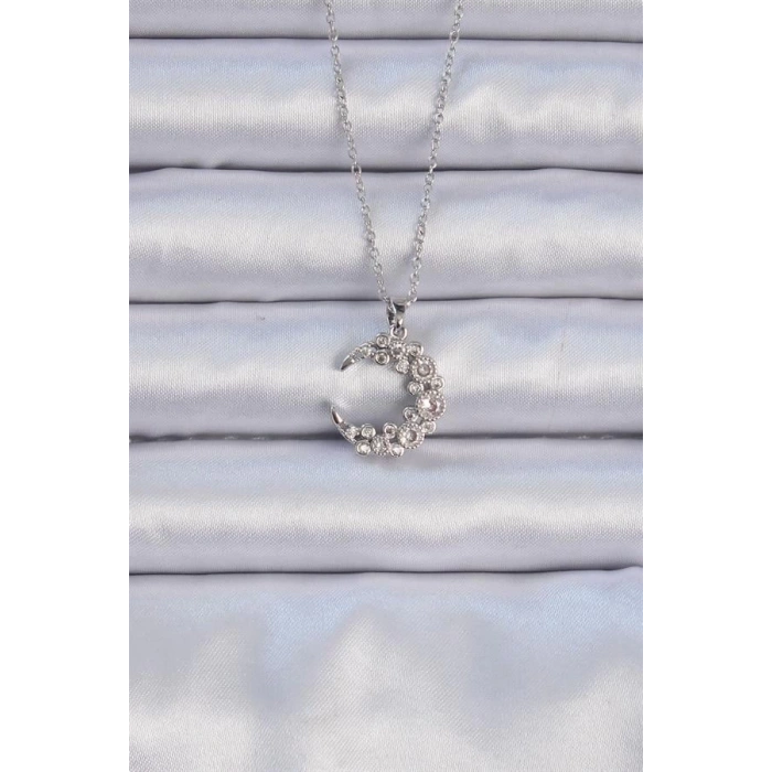 316L Çelik Zincir Gümüş Renk Zirkon Taşlı Ay Kolye