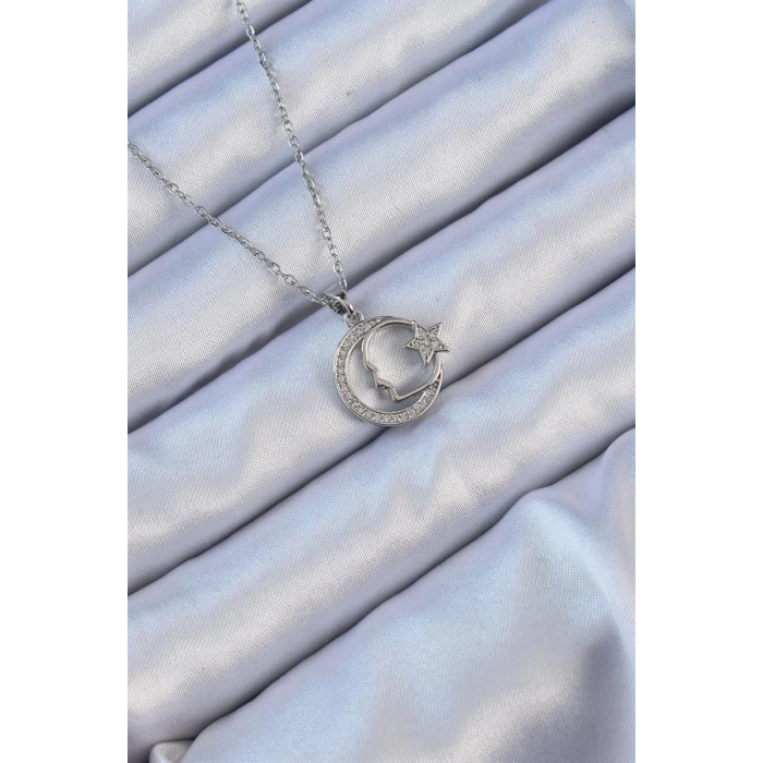 316L Çelik Zincir Gümüş Renk Zirkon Taşlı Ay Yıldız Simgeli Atatürk Kolye