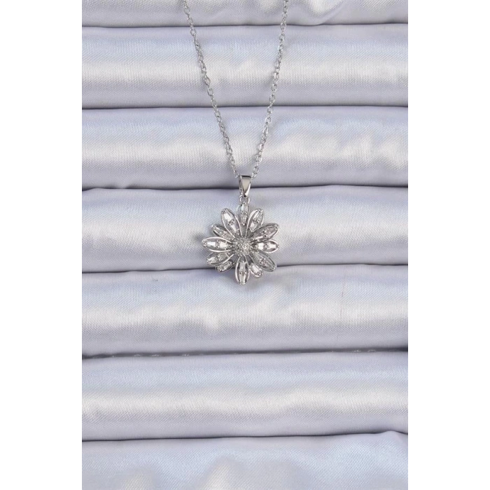 316L Çelik Zincir Gümüş Renk Zirkon Taşlı Çiçek Kolye