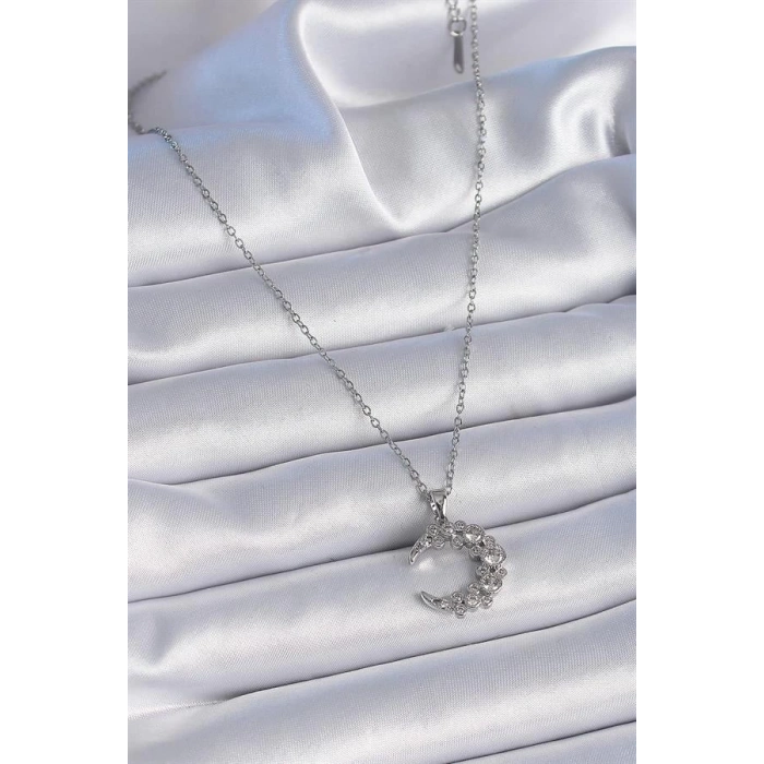 316L Çelik Zincir Gümüş Renk Zirkon Taşlı Hilal Model Kadın Kolye