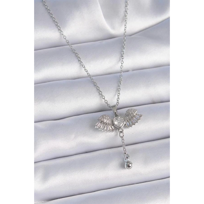 316L Çelik Zincir Gümüş Renk Zirkon Taşlı Kanat Model Sallantı Detay Kadın Kolye