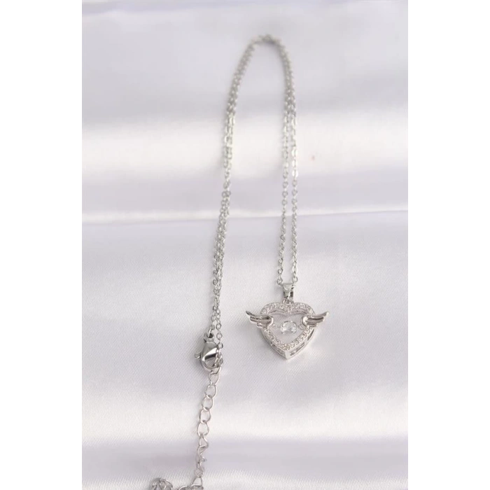 316L Çelik Zincir Gümüş Renk Zirkon Taşlı Kanatlı Kalp Kolye