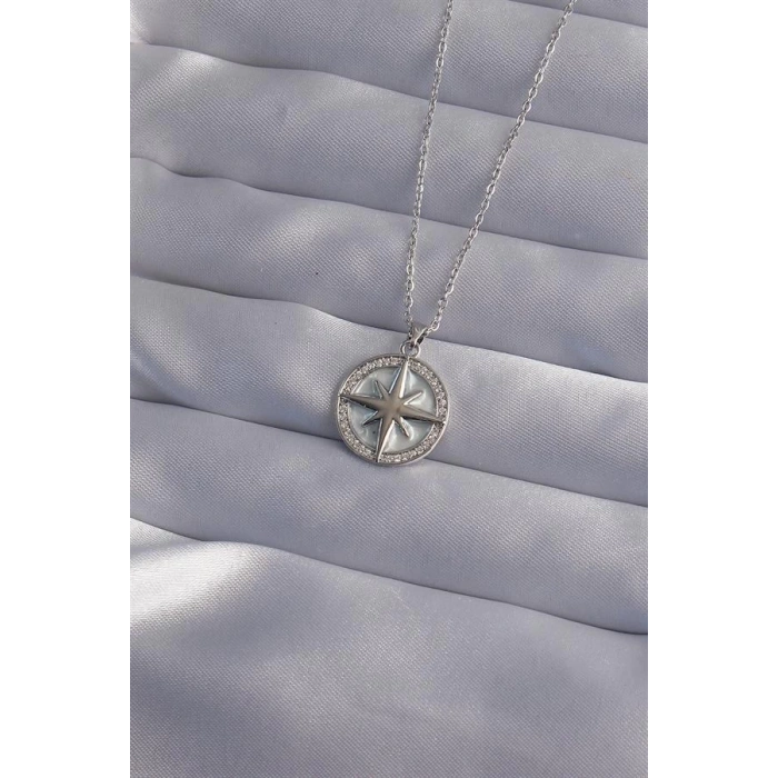 316L Çelik Zincir Gümüş Renk Zirkon Taşlı Kutup Yıldızı Kolye