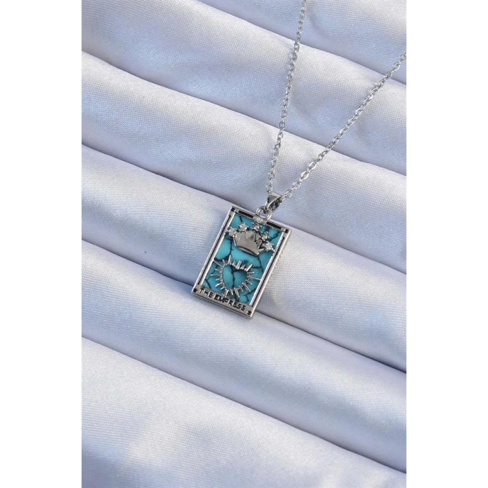 316L Çelik Zincir Gümüş Renk Zirkon Taşlı Mavi Mermer Desenli Taç Model Tarot Kolye