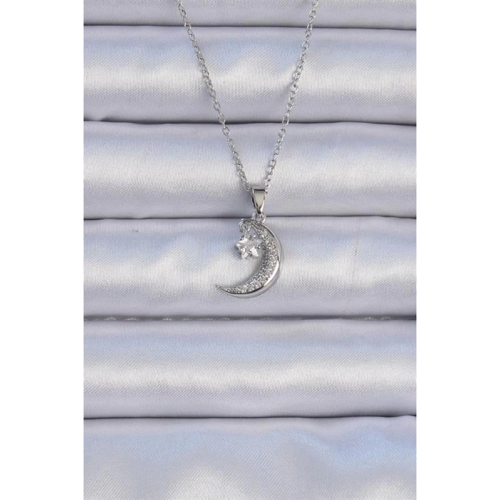 316L Çelik Zincir Gümüş Renk Zirkon Taşlı Sallantılı Ay Yıldız Kolye