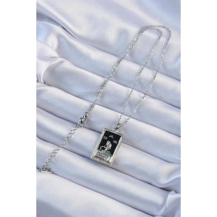 316L Çelik Zincir Gümüş Renk Zirkon Taşlı Siyah Mineli Kız Figürlü Tarot Kolye