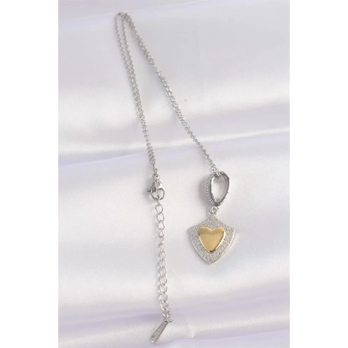 316L Çelik Zincir Gümüş Renk Zirkon Taşlı Tasarım Altın Renk Kalp Kolye